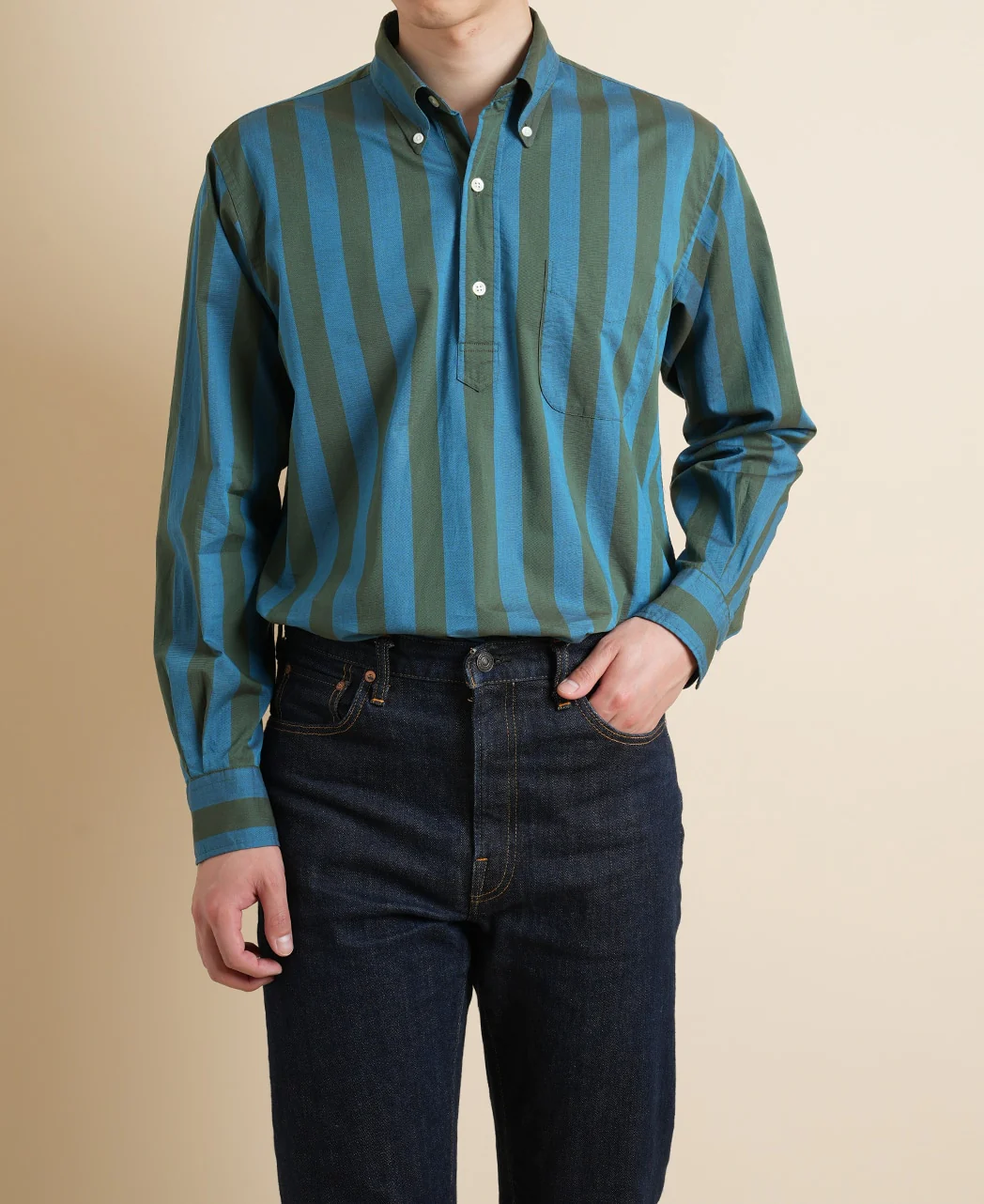 Vintage Ivy Olive green and Blue Stripe Popover - Image 2
